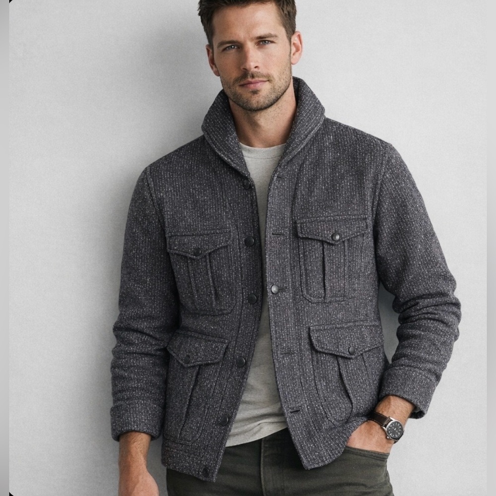 Wallace Barnes Sweater Mens Medium Gray Cardigan Salt Pepper Fleece - Picture 1 of 10
